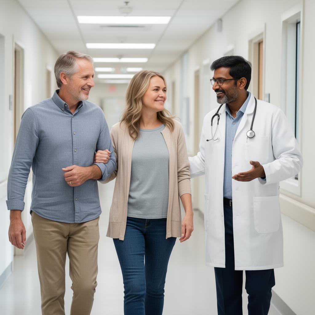 A family walking together inside a hospital corridor